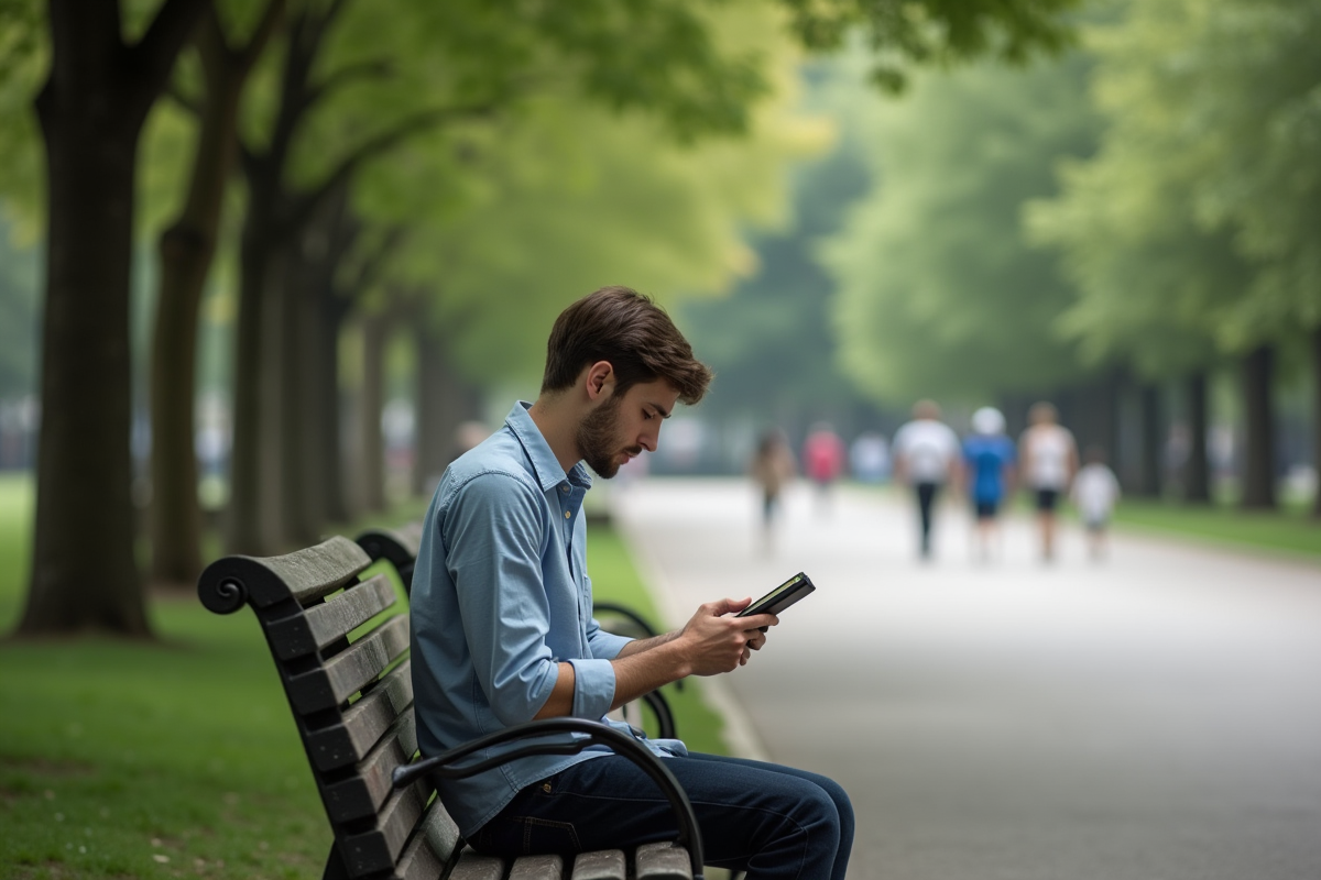 Jeune homme lisant un ereader dans un parc urbain