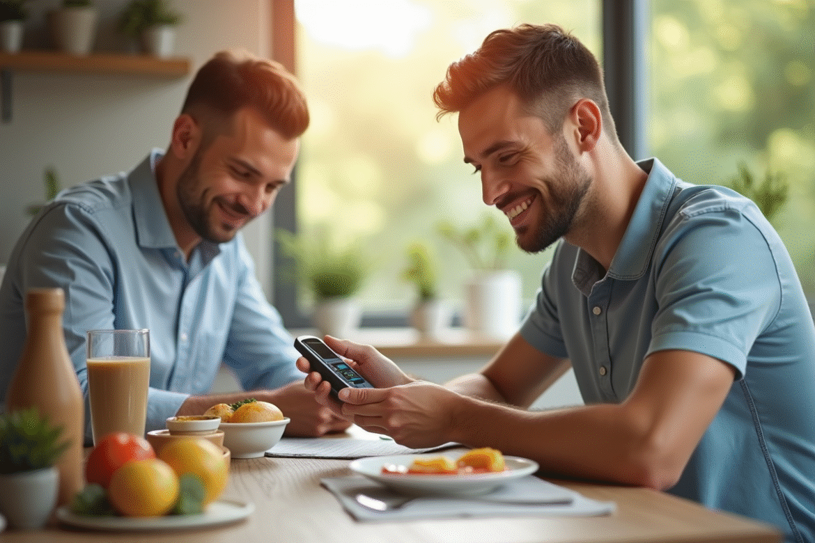 Jeune homme souriant utilisant un moniteur de glucose au petit déjeuner
