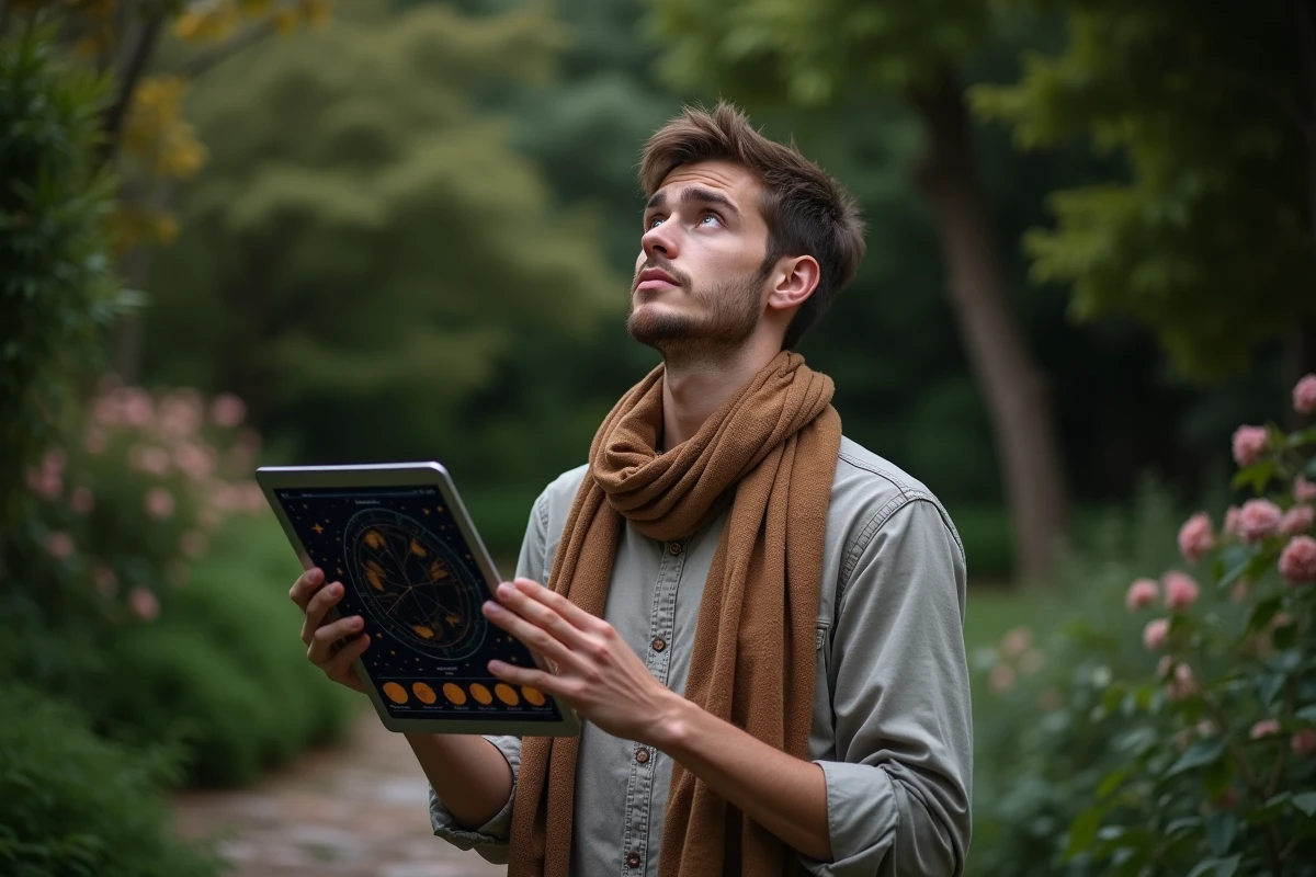 Jeune homme regardant le ciel avec tablette dans un jardin