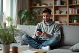 Jeune homme lisant manga sur smartphone dans un salon moderne