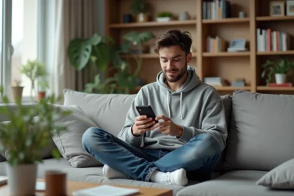 Jeune homme lisant manga sur smartphone dans un salon moderne