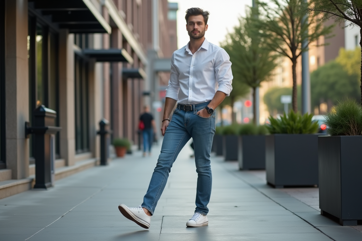 Jeune homme en ville marchant avec style sur le trottoir