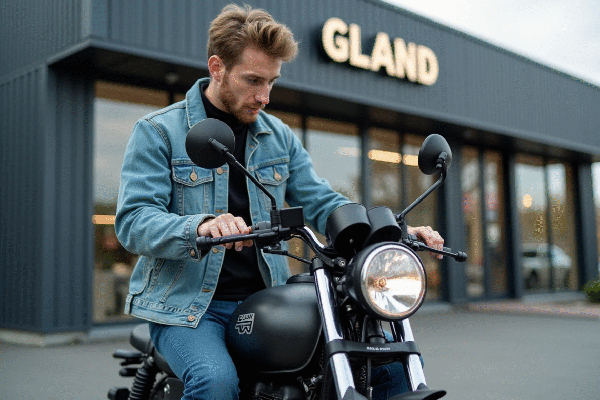 Jeune homme inspectant une moto 125cc devant un concessionnaire