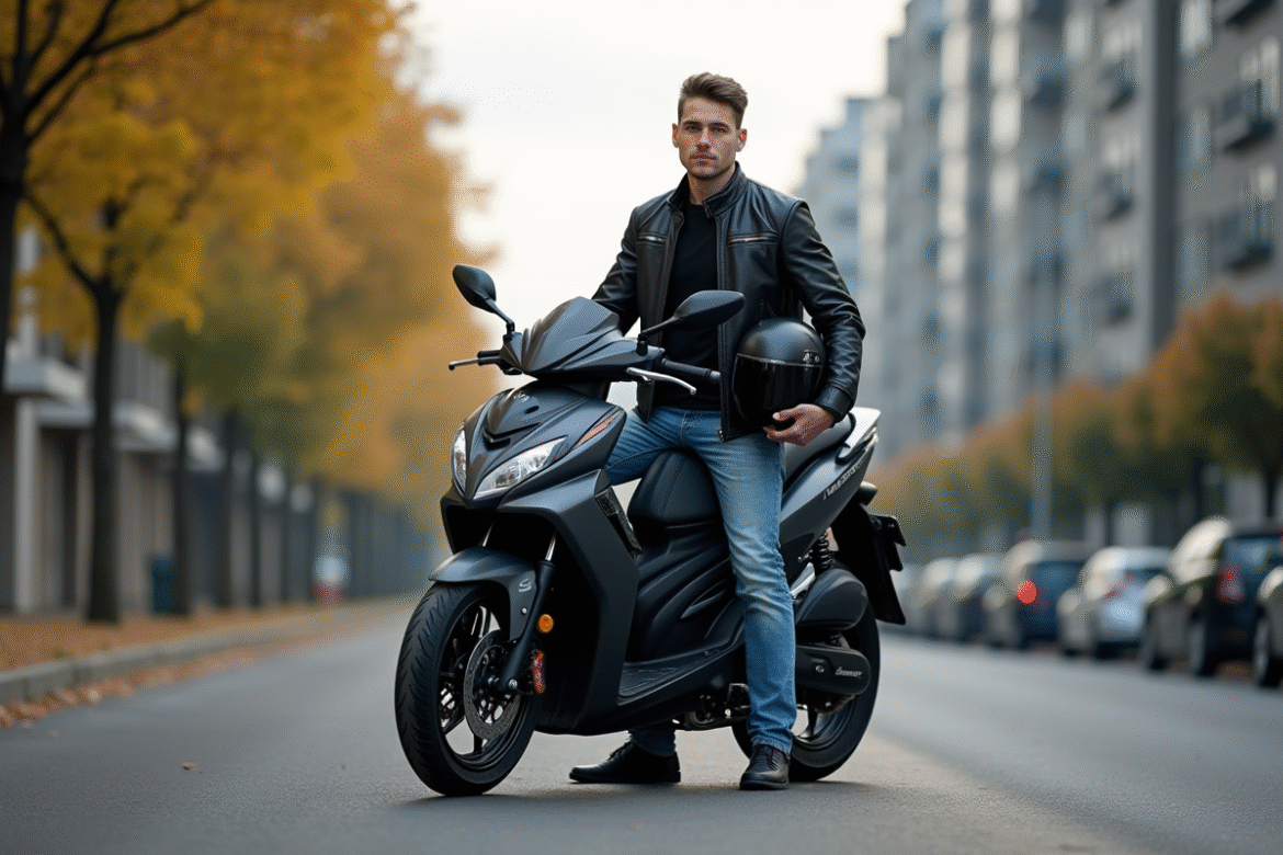 Jeune homme avec moto 125cc en ville au matin