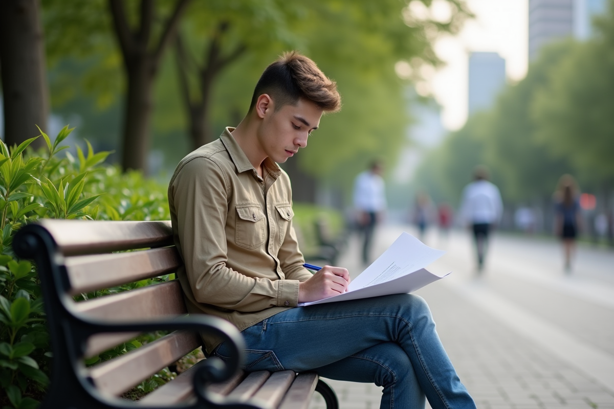 Jeune homme étudiant dans un parc urbain en ville