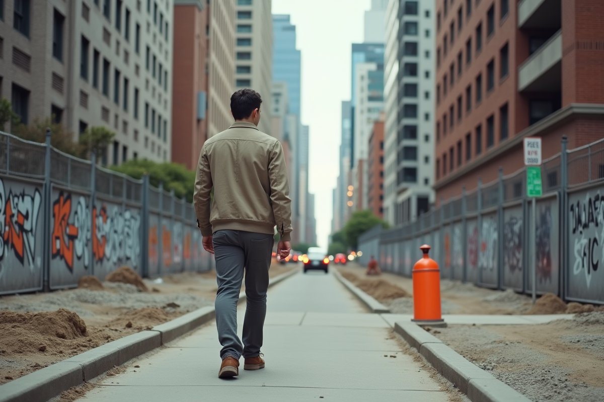 Jeune homme observant un chantier en ville