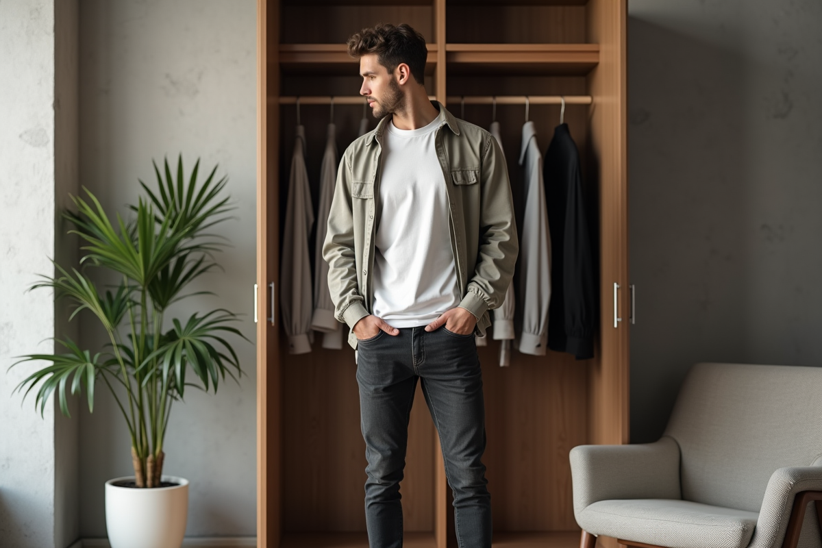 Jeune homme choisissant ses vêtements dans une armoire moderne
