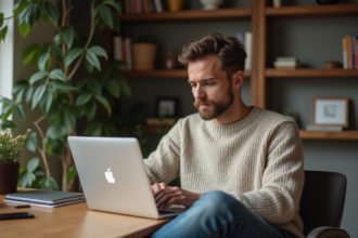Jeune homme concentré sur son ordinateur dans un espace cosy
