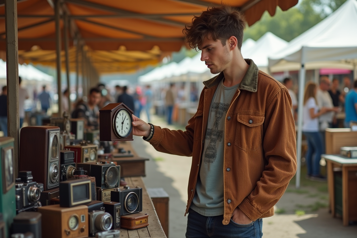 Jeune homme au marché vintage avec horloge et appareils anciens