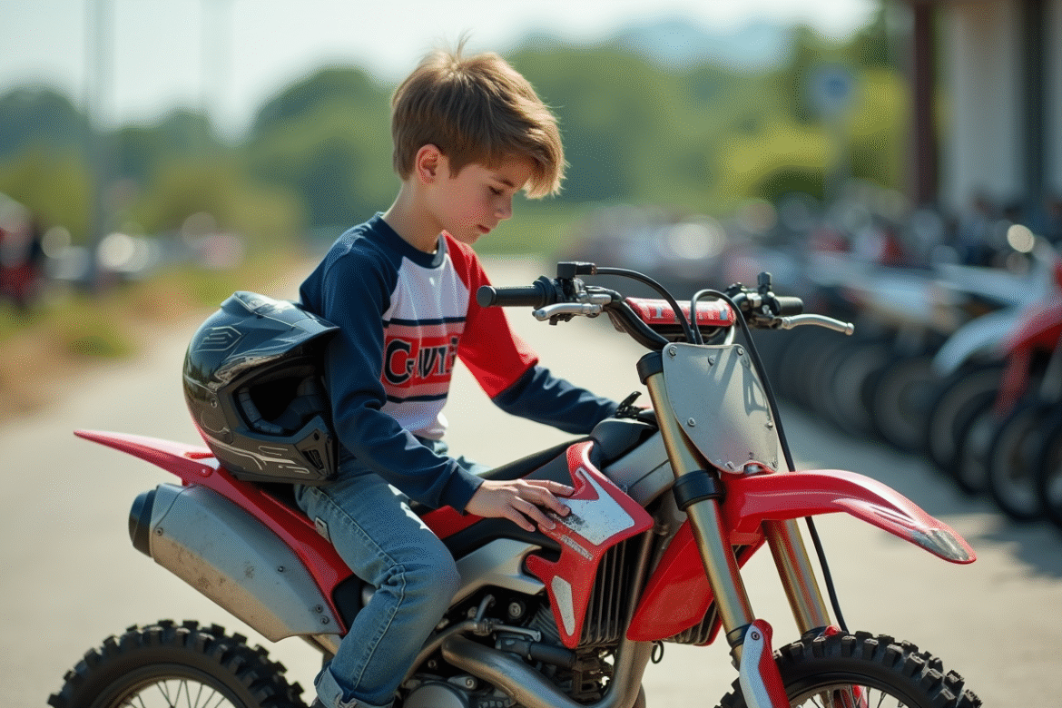 Jeune garçon en équipement motocross examine une moto d'occasion