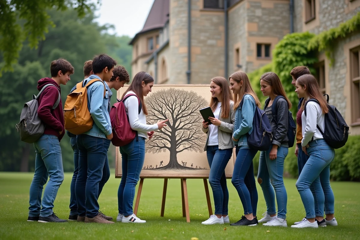Jeunes lycéens devant un château médiéval avec arbre généalogique