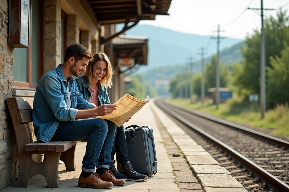 Jeunes voyageurs riant à la gare rurale en voyage