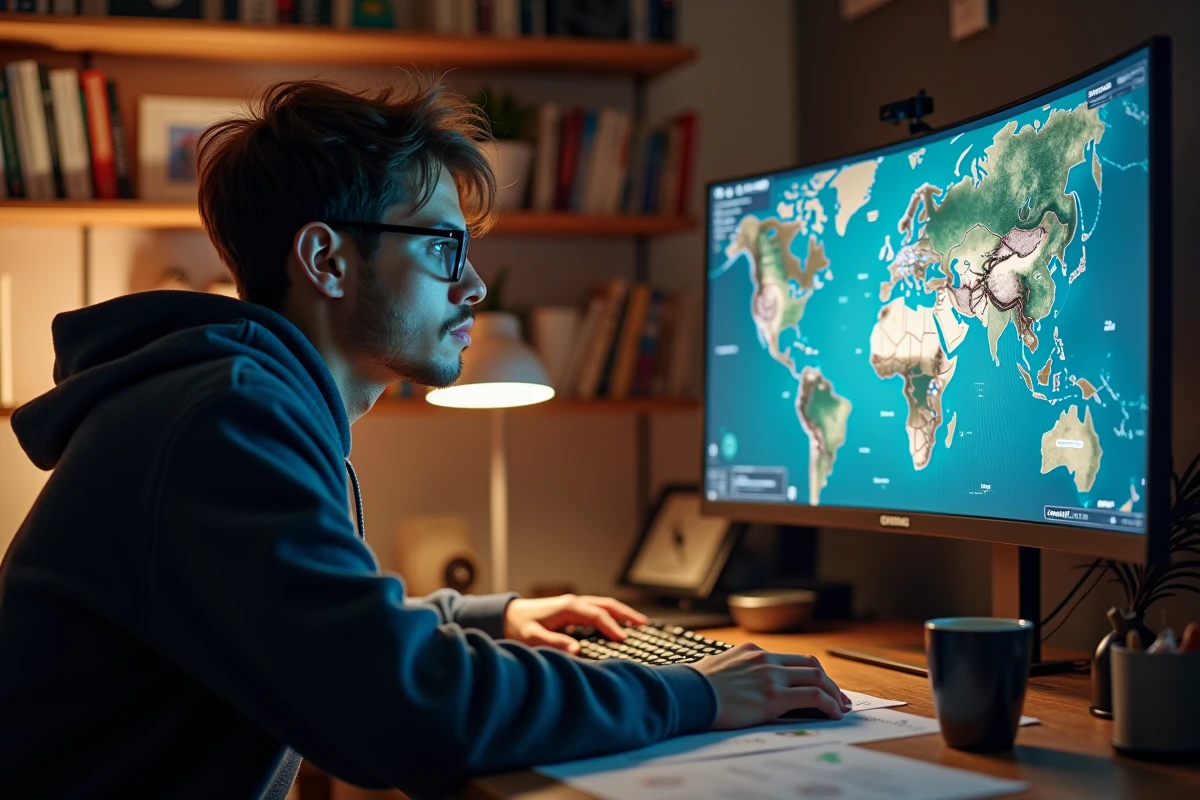 Joueur concentré devant son écran affichant une carte de portails dans un jeu vidéo de type MMORPG fantasy