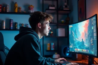 Joueur adulte concentré devant un écran de jeu RPG fantastique avec barres d'expérience visibles, illustrant la progression longue d'un personnage niveau up mineur sur Dofus