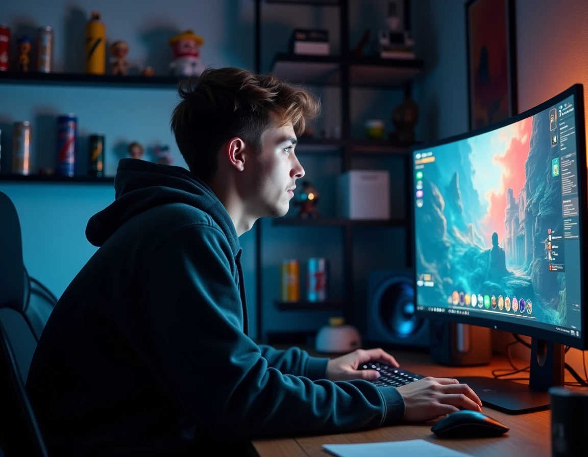 Joueur adulte concentré devant un écran de jeu RPG fantastique avec barres d'expérience visibles, illustrant la progression longue d'un personnage niveau up mineur sur Dofus