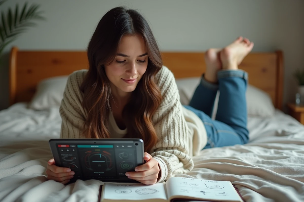 Jeune femme prenant des notes sur ses stratégies de portails Dofus avec une tablette et un carnet