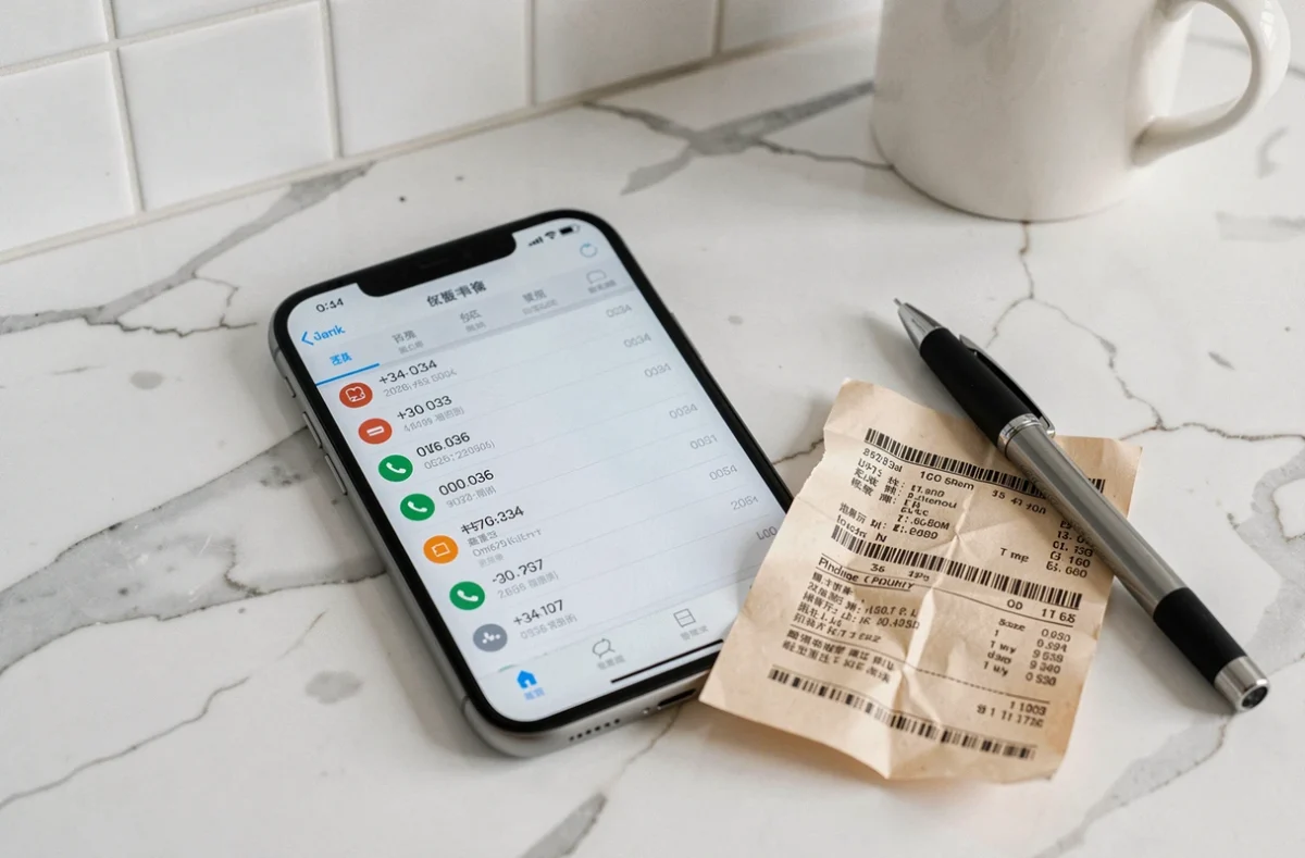 Gros plan sur un smartphone affichant un journal d'appels avec des numéros en 0034 et +34, posé près d'une facture téléphonique papier