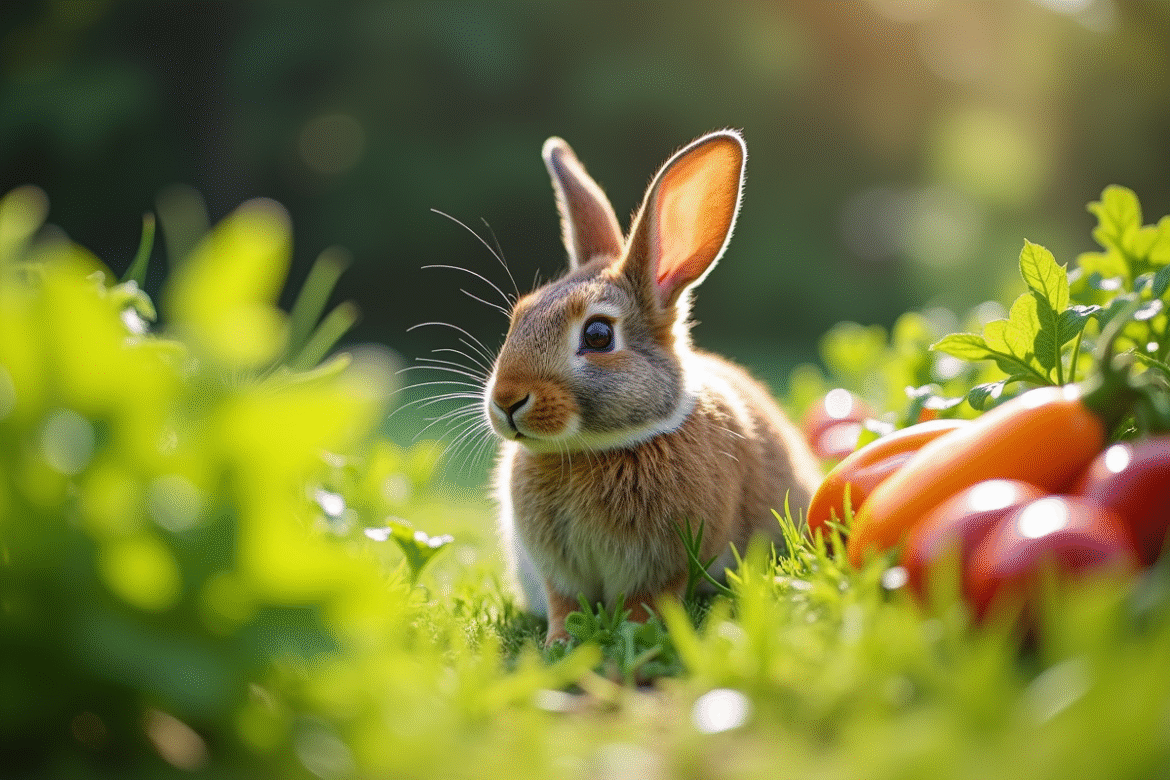 Lapin sauvage dans un jardin vert ensoleille