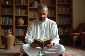 Homme lisant le Coran avec recueillement sur un tapis de prière, tenant le livre saint avec respect dans une pièce paisible