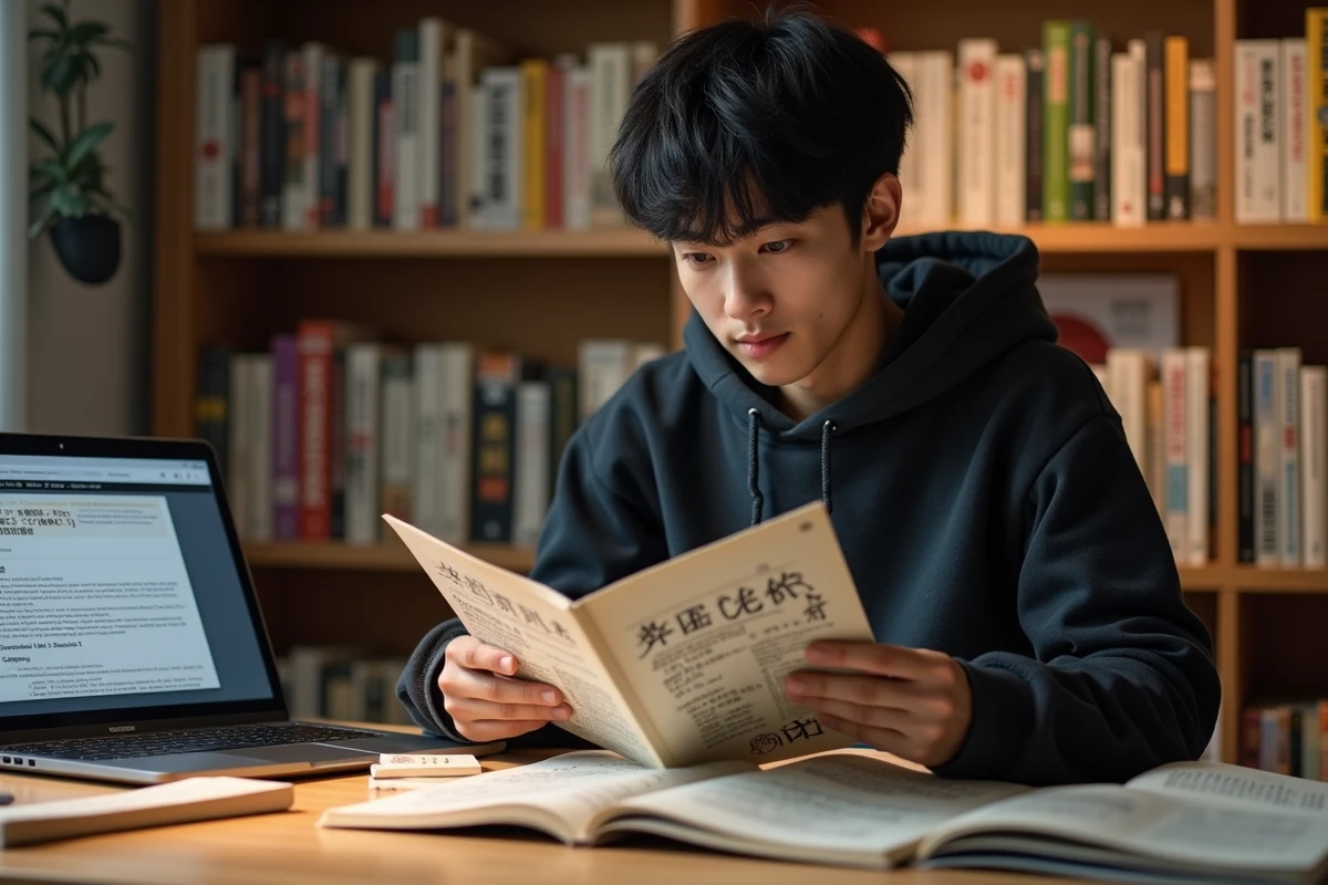 Jeune homme lisant un manga japonais One Piece à son bureau entouré de volumes et notes sur la parution hebdomadaire japonaise