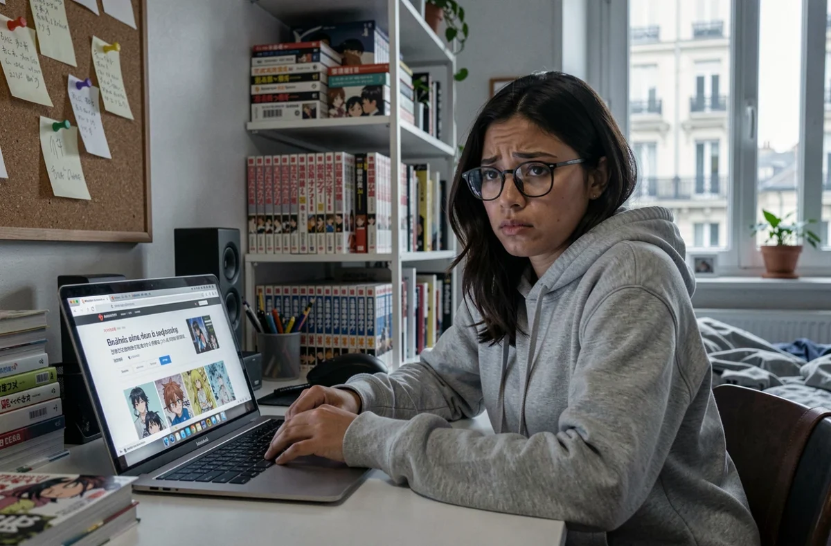Jeune femme consultant un site de lecture de manga en ligne depuis son appartement parisien