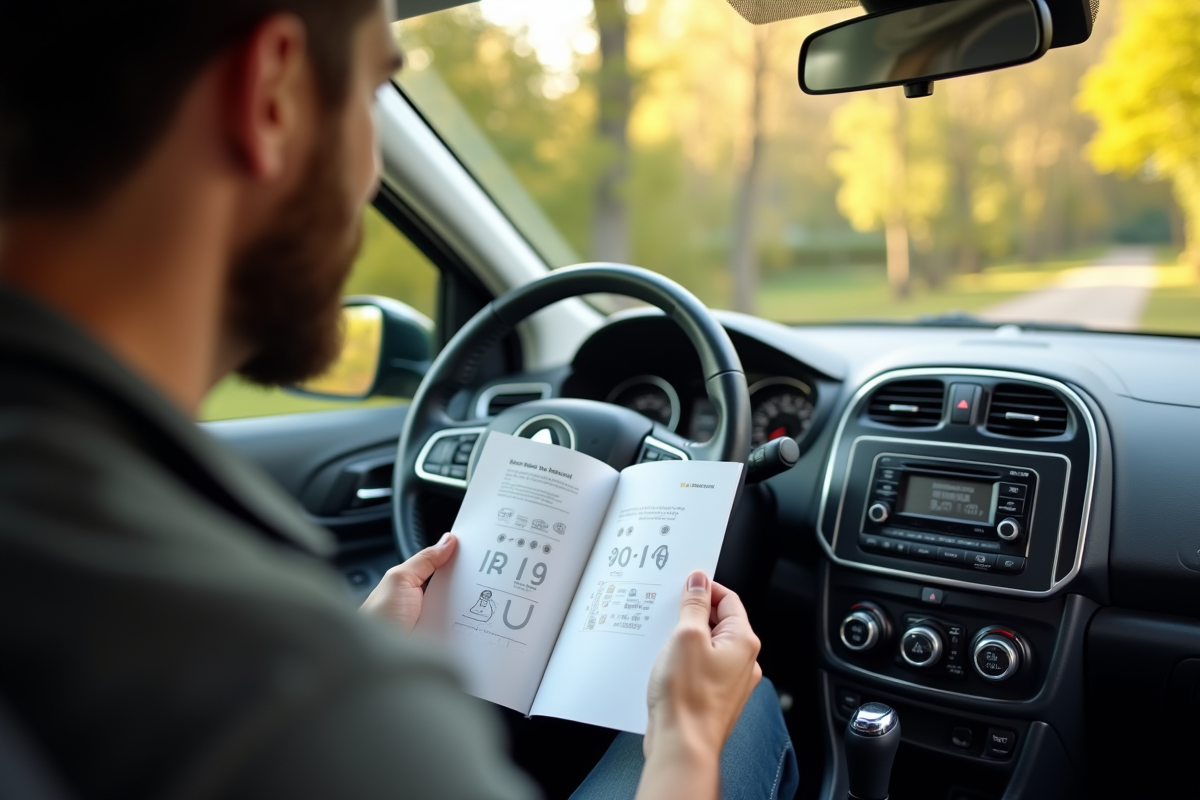 Propriétaire lisant le manuel de la Renault avec la carte de code