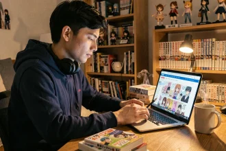 Jeune homme lisant un scan One Piece en ligne sur son ordinateur portable dans une chambre décorée de mangas