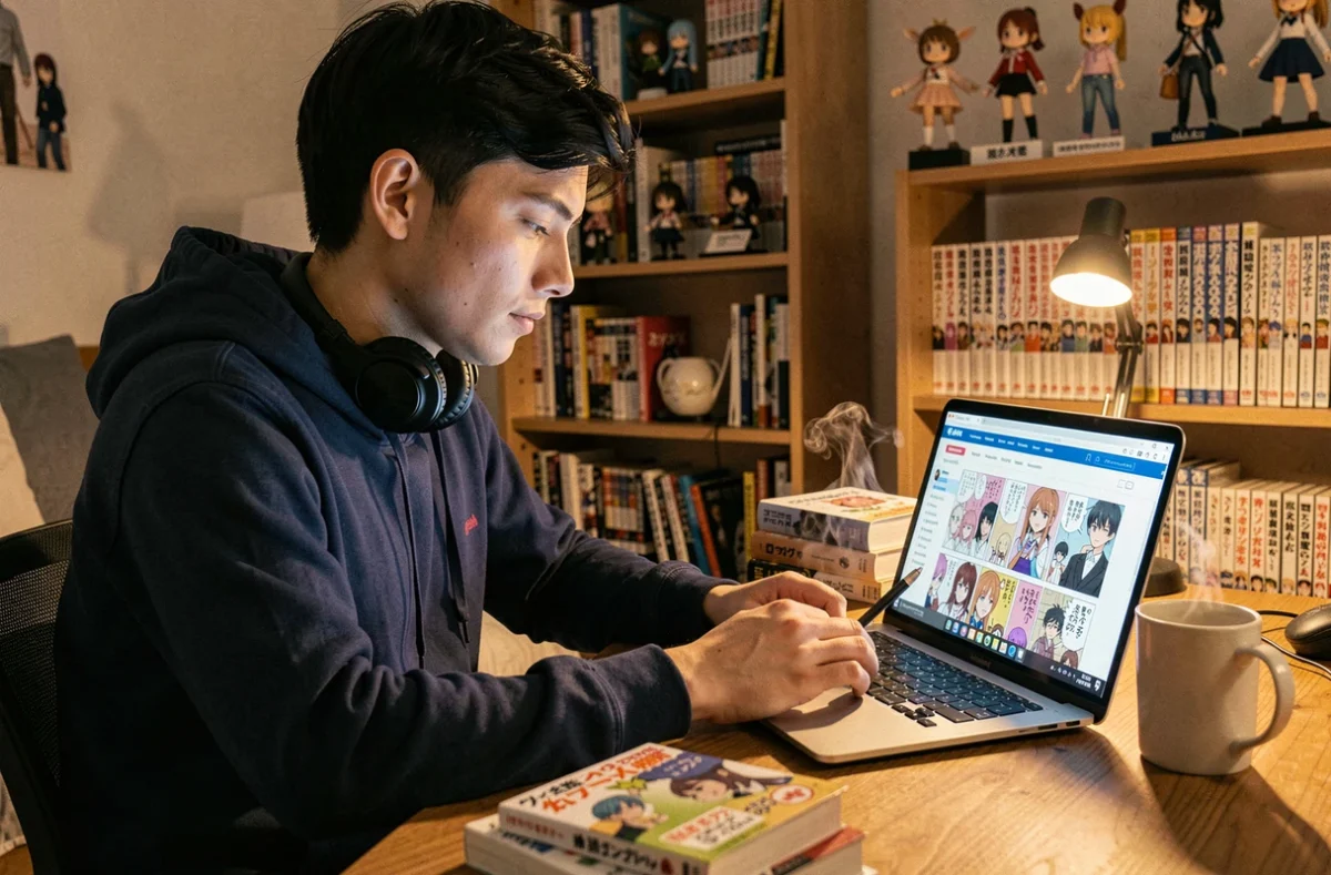 Jeune homme lisant un scan One Piece en ligne sur son ordinateur portable dans une chambre décorée de mangas