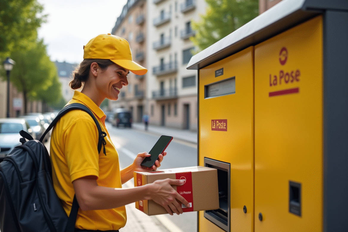 Livreur souriant utilisant une borne de colis moderne en ville