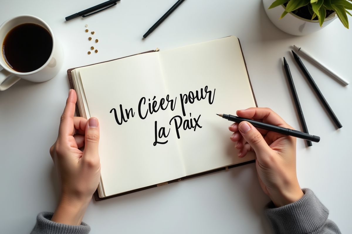 Mains tenant un carnet avec le titre Un Cœur pour la Paix