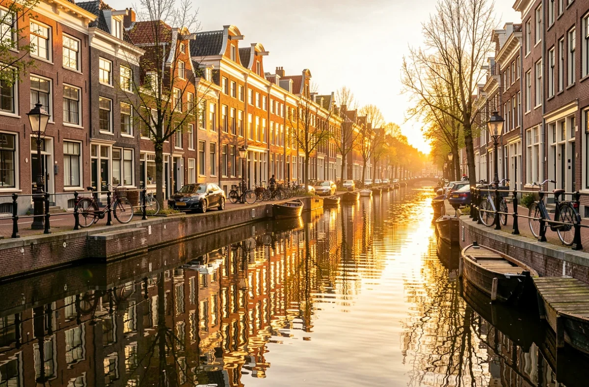 Maisons étroites au bord d'un canal d'Amsterdam au coucher du soleil