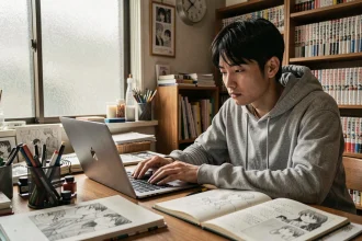 Mangaka japonais fatigué travaillant sur ses planches dans un studio encombré de Tokyo, illustrant l'impact de la scanlation illégale sur les créateurs de manga