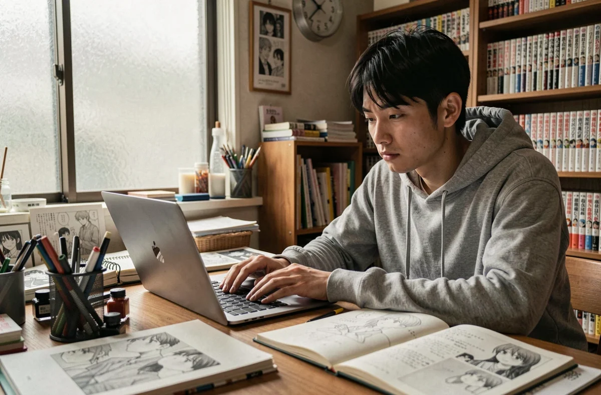 Mangaka japonais fatigué travaillant sur ses planches dans un studio encombré de Tokyo, illustrant l'impact de la scanlation illégale sur les créateurs de manga