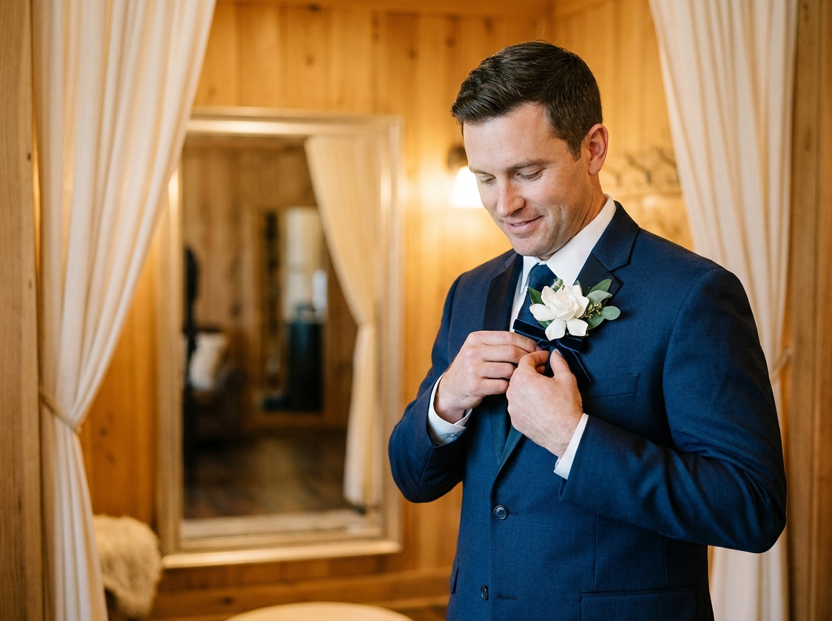 Marié en costume bleu marine attachant une boutonnière fleurie sur son revers devant un miroir lors de la préparation du mariage