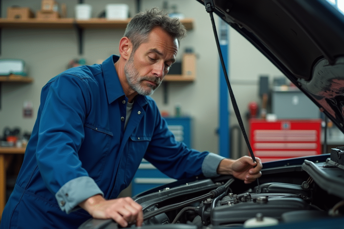 Mécanicien homme inspectant une courroie de moteur dans un garage