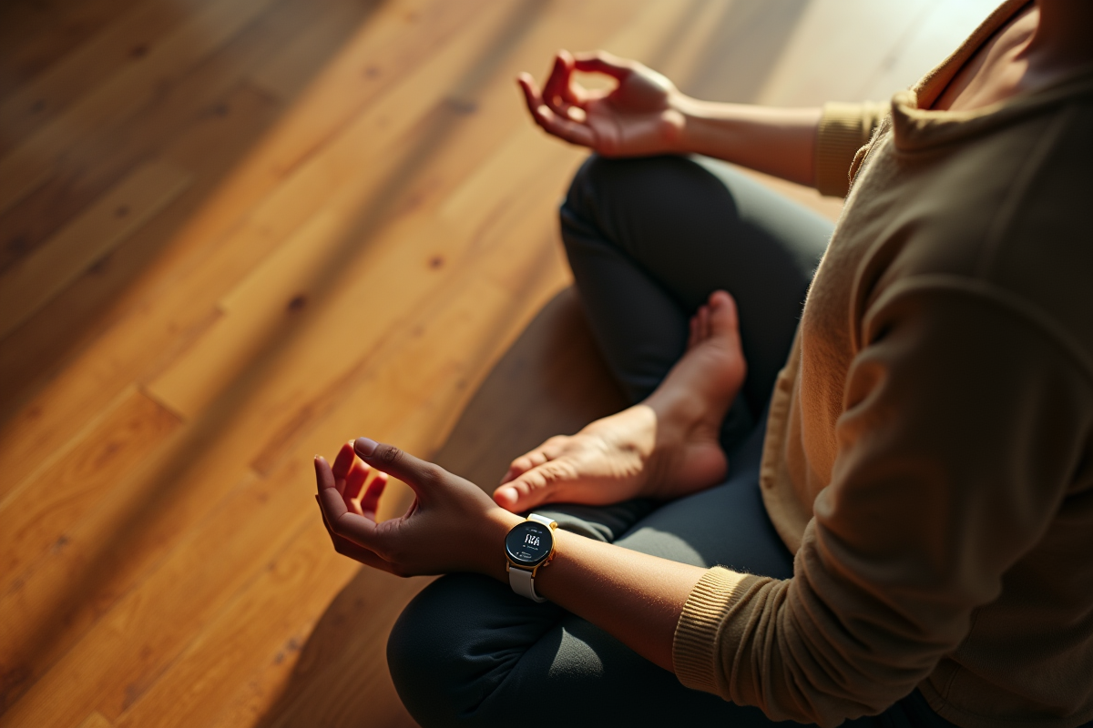 Personne méditant au lever du soleil avec montre à 4h44