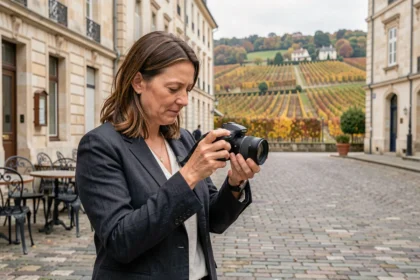 Photographe professionnelle tenant un appareil photo devant une architecture typique de la Marne, illustrant le guide des meilleurs photographes de la région