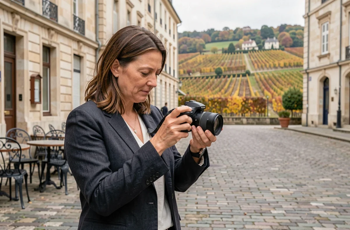 Photographe professionnelle tenant un appareil photo devant une architecture typique de la Marne, illustrant le guide des meilleurs photographes de la région