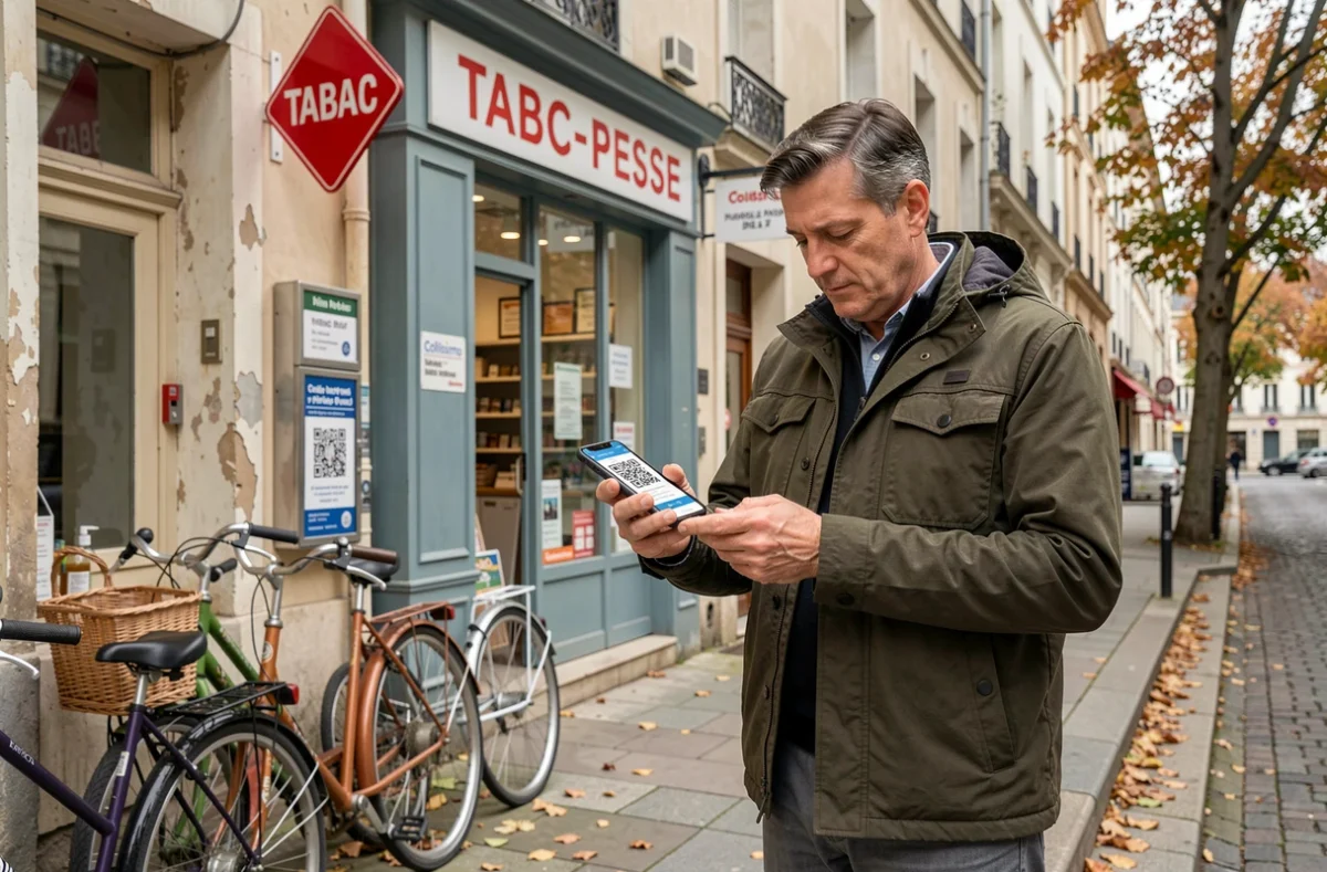 Homme devant un bureau de tabac utilisant son smartphone pour modifier le point de dépôt Colissimo