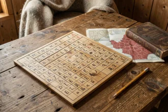 Grille de mots fléchés en bois avec lettres manuscrites et carte des cantons suisses sur table en chêne rustique