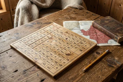 Grille de mots fléchés en bois avec lettres manuscrites et carte des cantons suisses sur table en chêne rustique