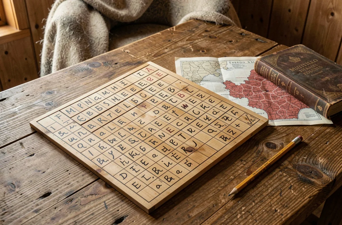 Grille de mots fléchés en bois avec lettres manuscrites et carte des cantons suisses sur table en chêne rustique