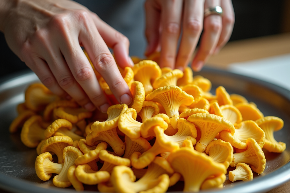 Nettoyage de champignons de chanterelle dans une cuisine moderne