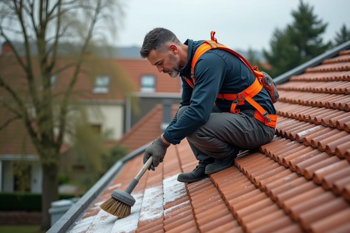 Homme en tenue de travail nettoyant un toit en tuiles avec une brosse longue