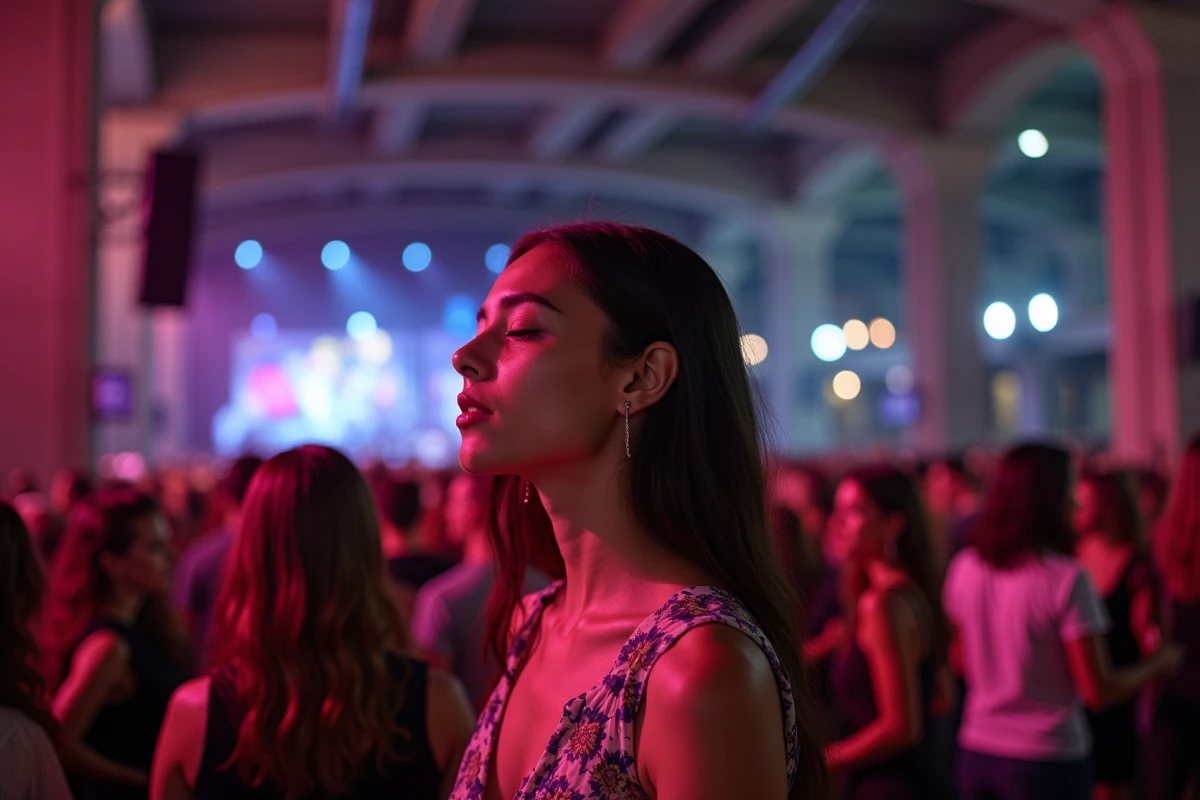 Festivalière immergée dans la musique lors d'une soirée Nuits Sonores dans un entrepôt industriel de Lyon
