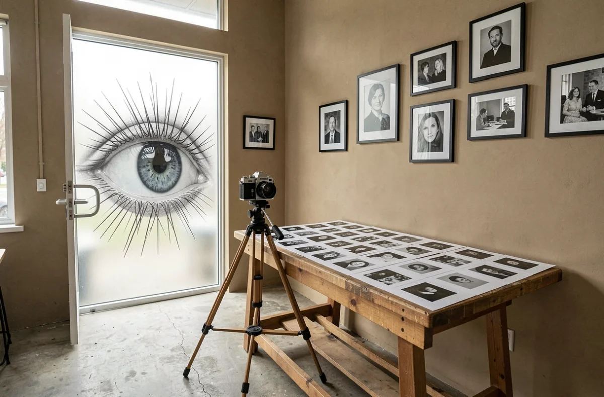Intérieur d'un studio photo créatif avec des tirages noir et blanc encadrés et un appareil argentique, évoquant l'identité artistique de L'Œil du Chas