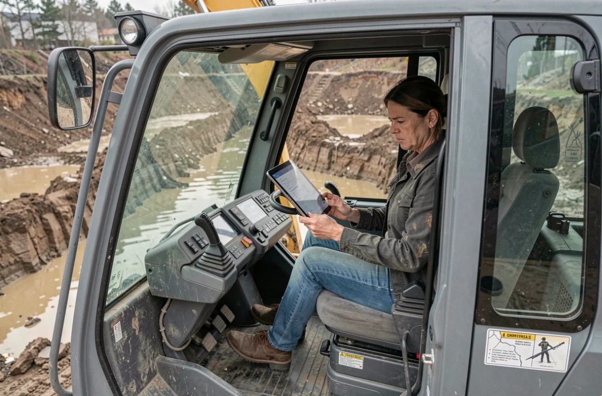 Conductrice de pelle mécanique consultant une tablette face à un chantier mal adapté à l'engin sélectionné