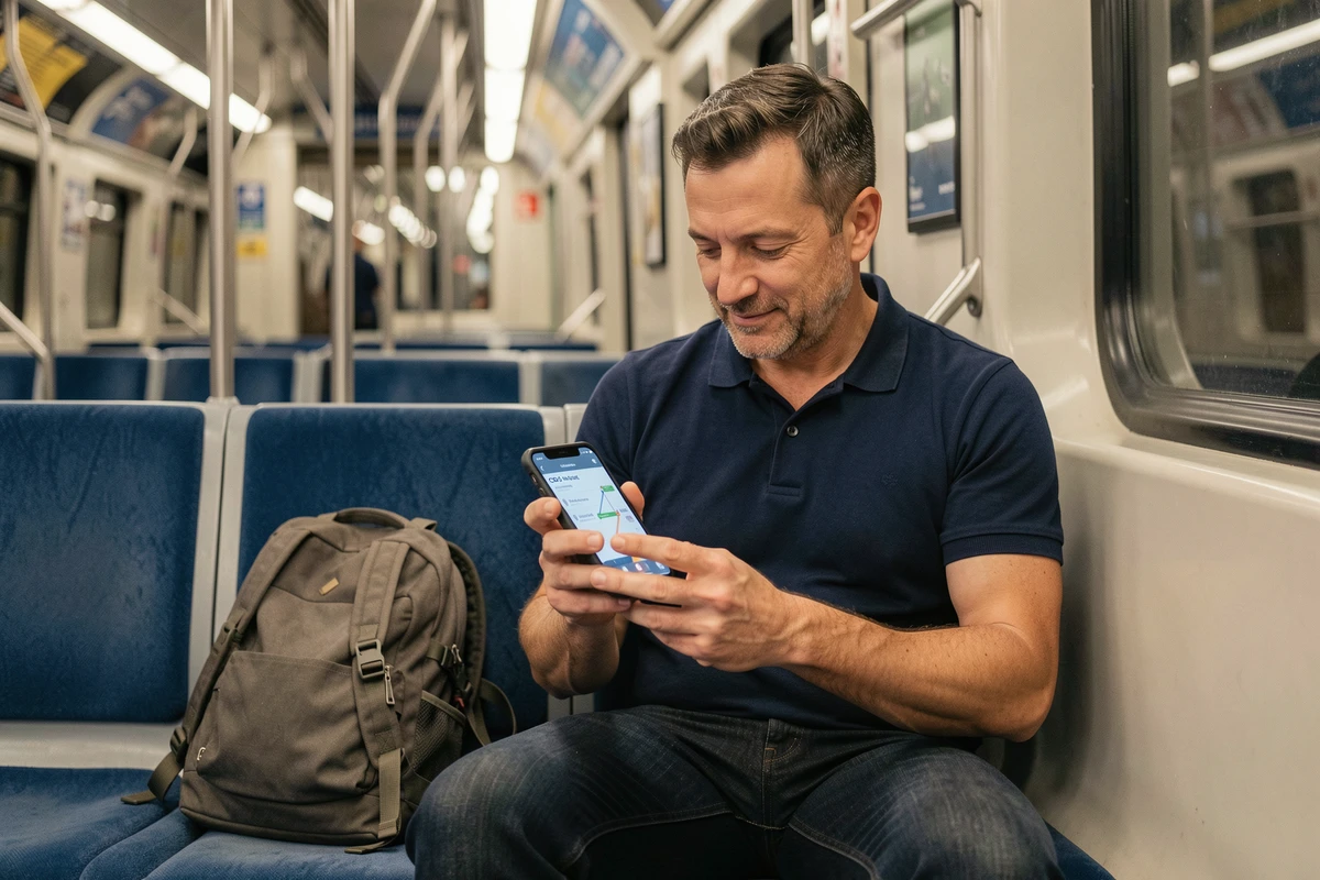 Passager dans le RER B utilisant son smartphone pour naviguer vers l'aéroport Charles de Gaulle depuis Paris