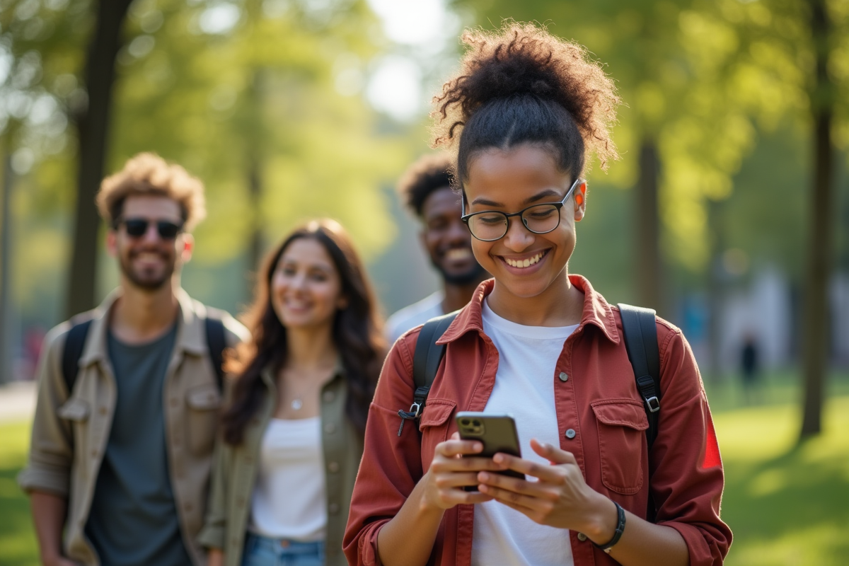 Personne non binaire souriante dans un parc urbain ensoleille