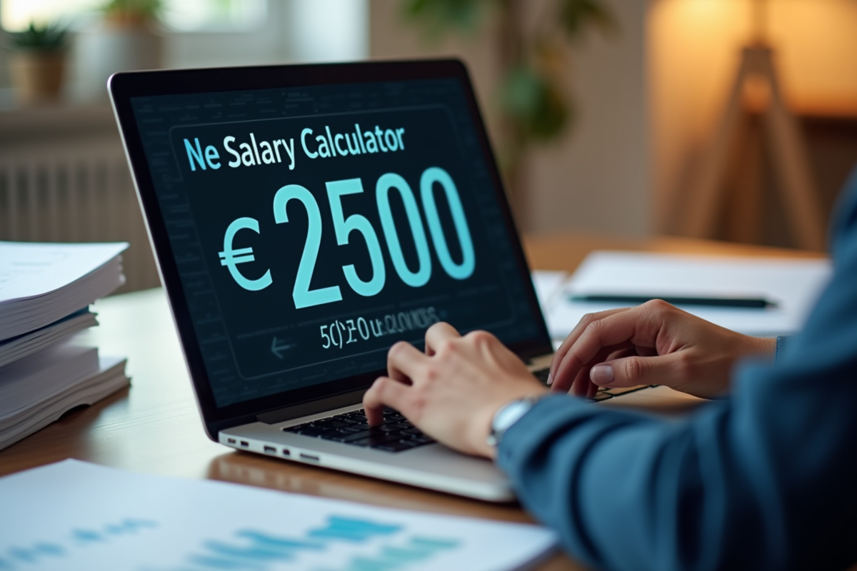 Main utilisant un ordinateur portable avec calculateur en ligne affichant 2500 euros